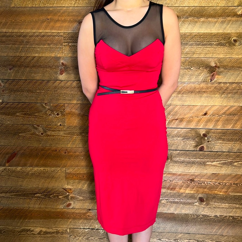 Bebe Fitted Red Dress with Black Mesh Top